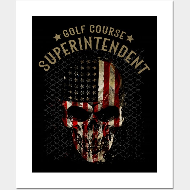 Golf Course Superintendent - Watercolor Skull in American Flag Design Wall Art by best-vibes-only